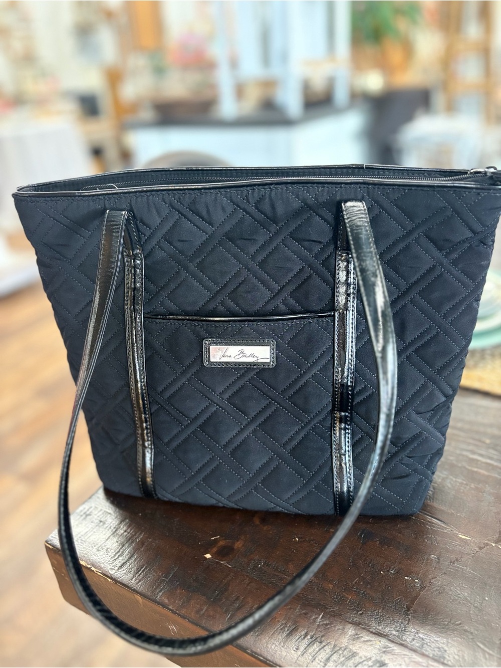 Vera Bradley Black Quilted Tote with Glossy Straps